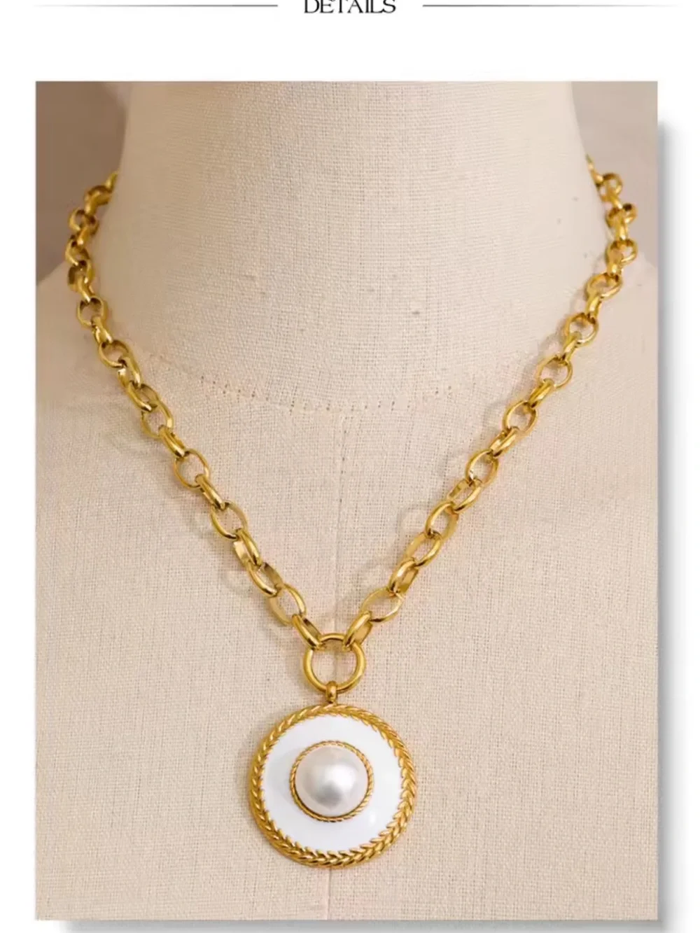 Gold Medallion White Pearl Circle Necklace